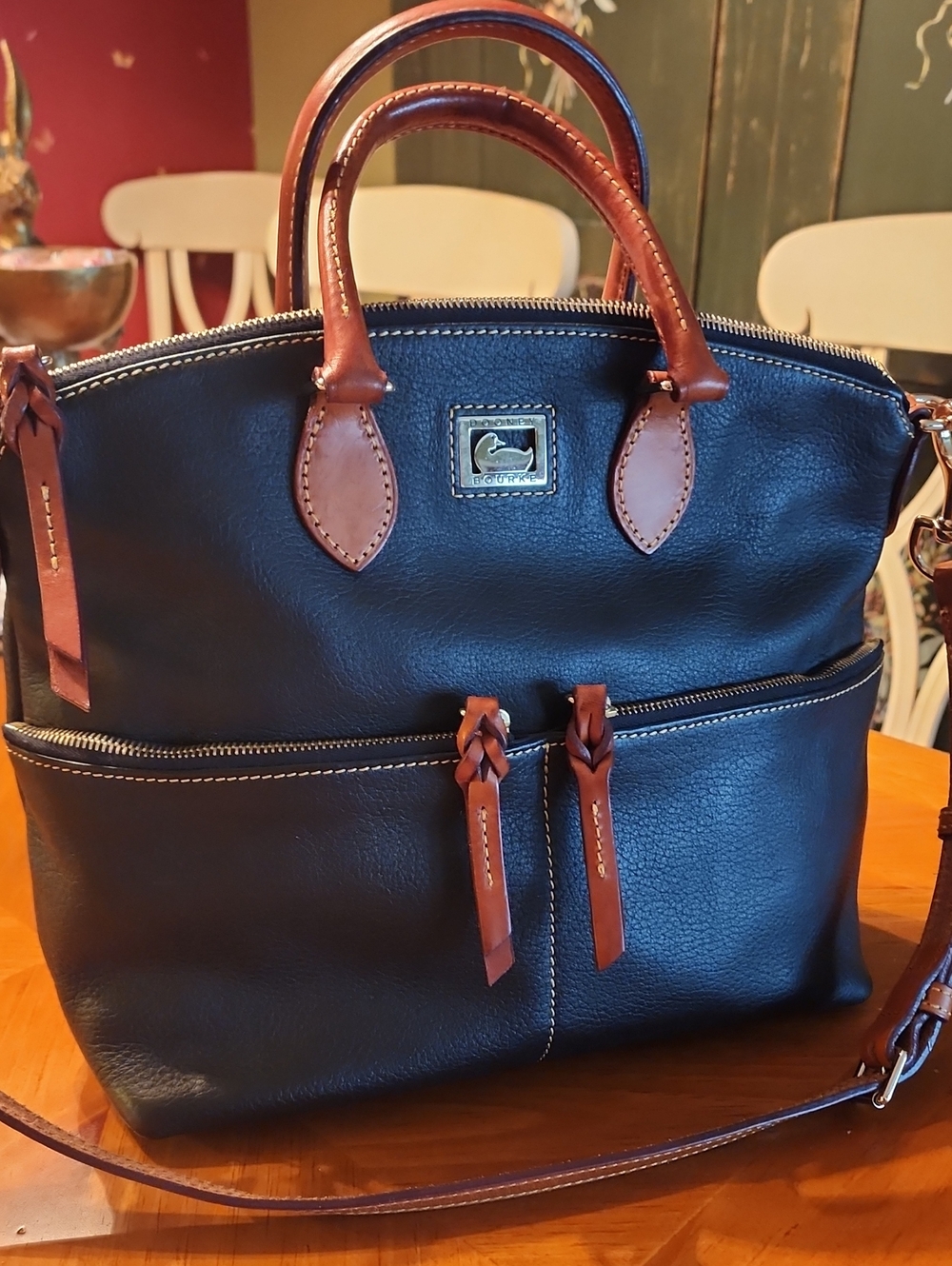 Beautiful Dooney & Bourke Black Leather Satchel with Brown Trim